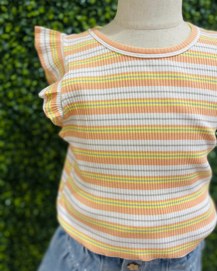 Ribbed Knit Multi Stripe Ruffled Tank | Orange