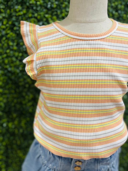 Ribbed Knit Multi Stripe Ruffled Tank | Orange