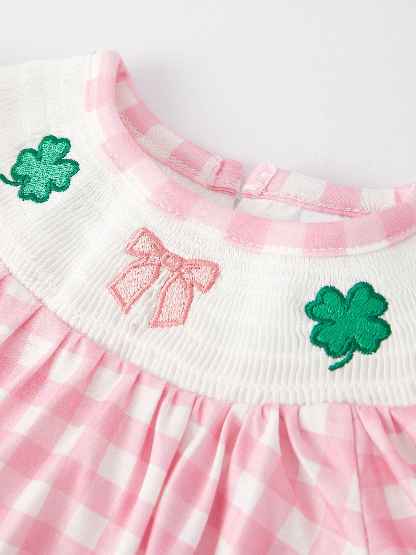 St. Patrick's Day Smocked Embroidered Pink Plaid Romper