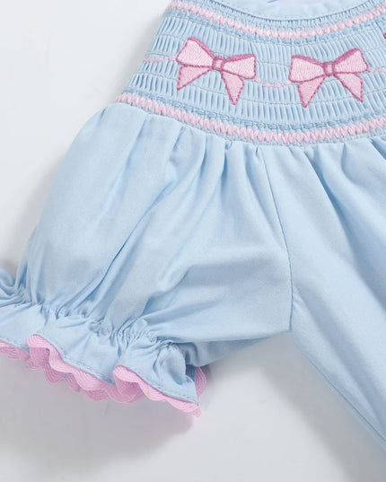 Blue & Pink Bow Smocked Bubble Romper
