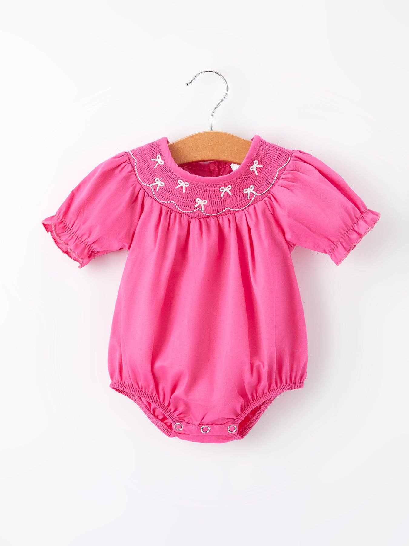 Smocking Bow Embroidery Hot Pink Romper
