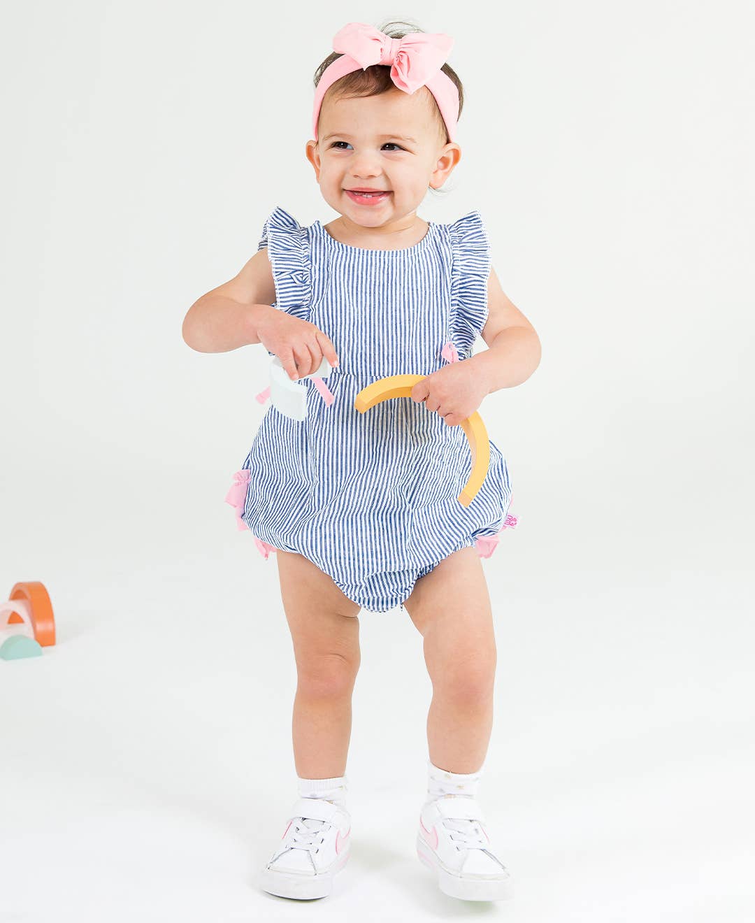 Classic Blue Seersucker Ruffle Bubble Romper