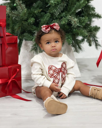 Christmas Plaid Bow Patch Long Sleeve Romper