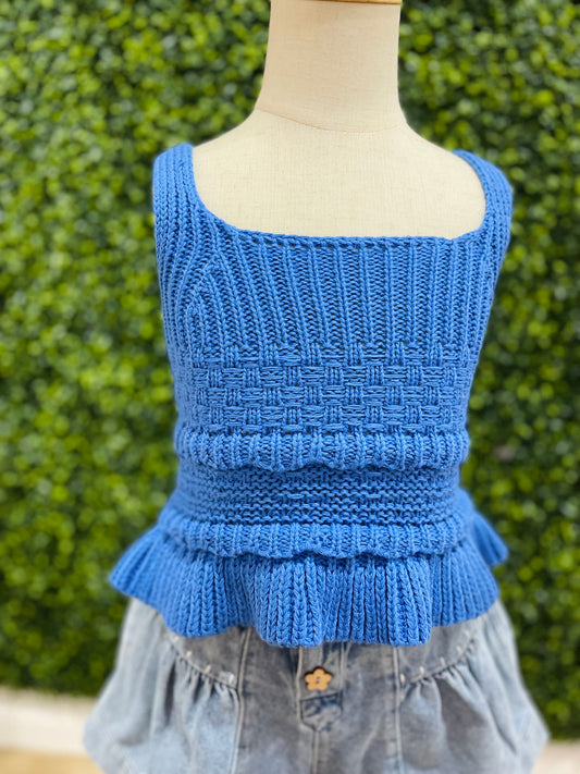 Ruffle Detail Heavy Crochet Tank | Blue