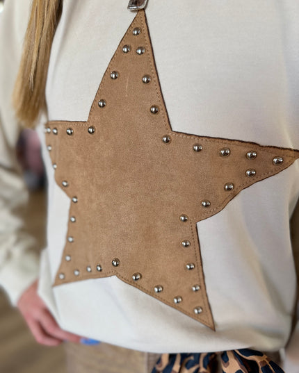 Suede Star Patch LS Crew Neck | Oatmeal & Suede Camel