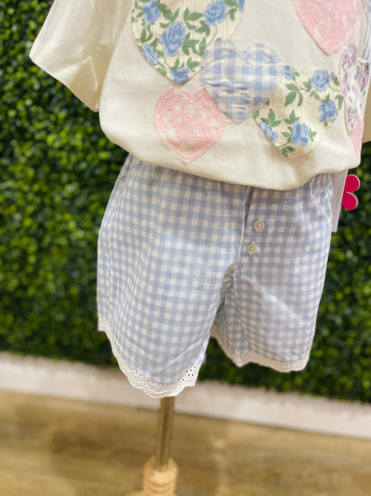 Gingham Lace Trim Boxer Shorts | White/Blue