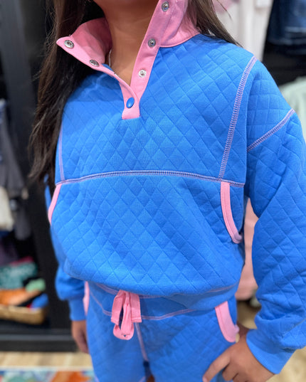Quilted Contrast Pocket Opening & Stitch Shorts Set | Royal Blue/ Pink