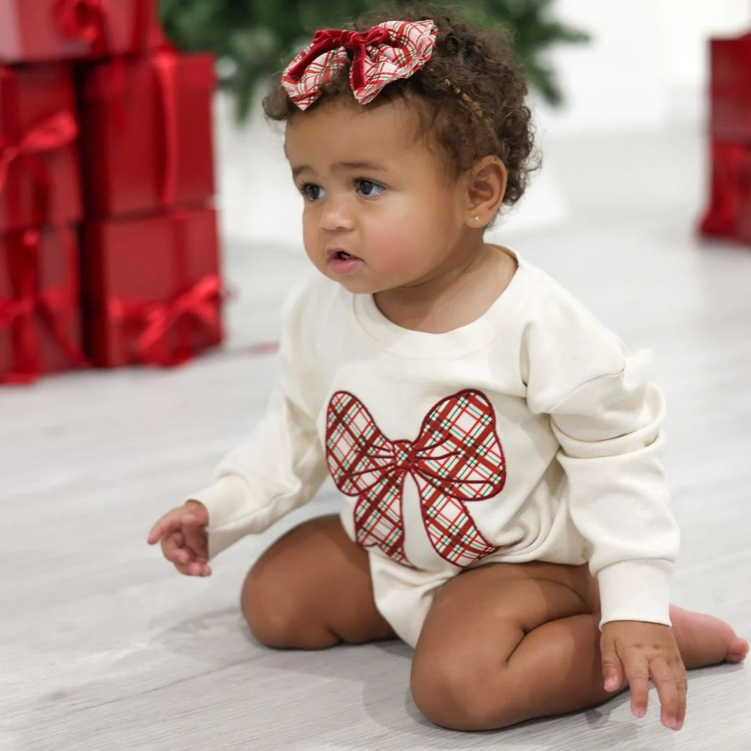 Christmas Plaid Bow Patch Long Sleeve Romper