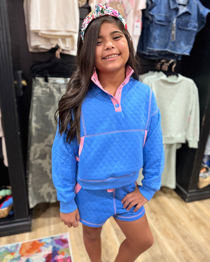 Quilted Contrast Pocket Opening & Stitch Shorts Set | Royal Blue/ Pink