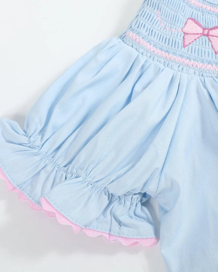 Blue & Pink Bow Smocked Bishop Dress