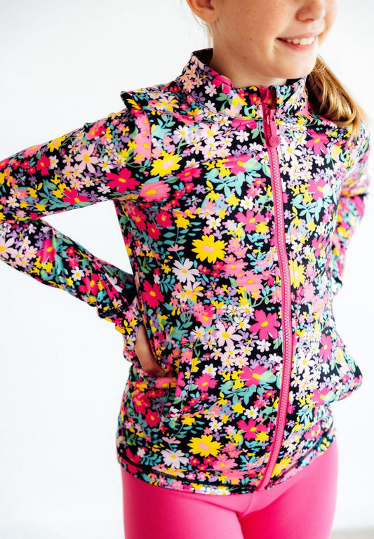Flexible Floral Full Zip Ruffle Active Jacket
