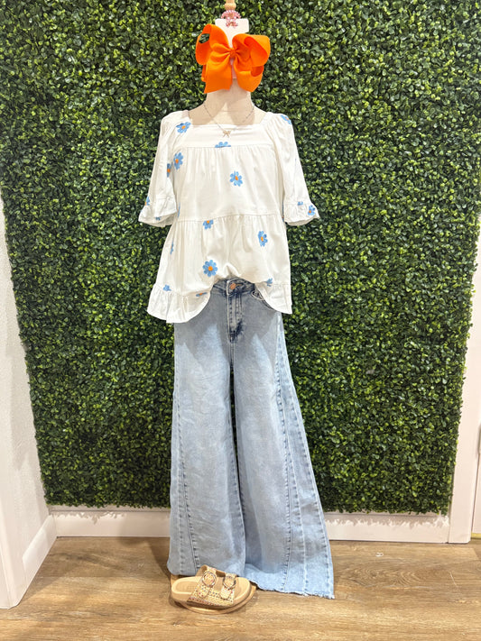 All Over Daisy Embroidered Square Neck Top