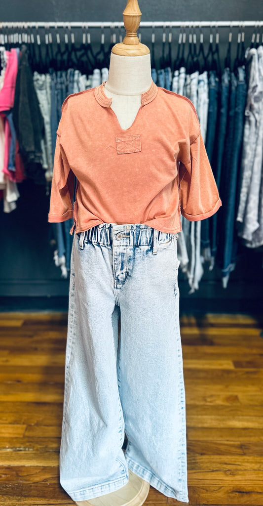 Washed Coral Knit Seam Detail Top