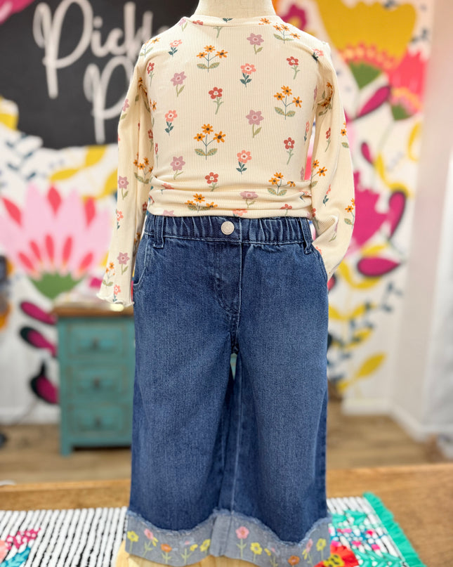 Flora Embroidered Wide Leg Cuffed Jeans | Denim