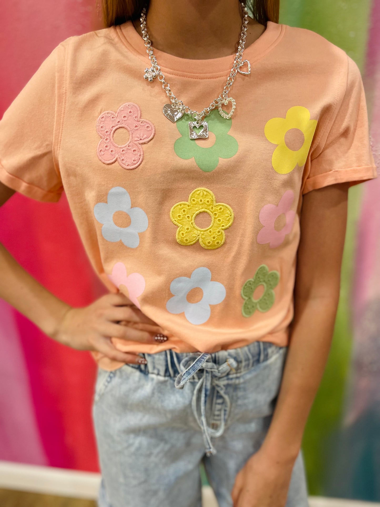 Distressed Flowers Icons Tee | Peach