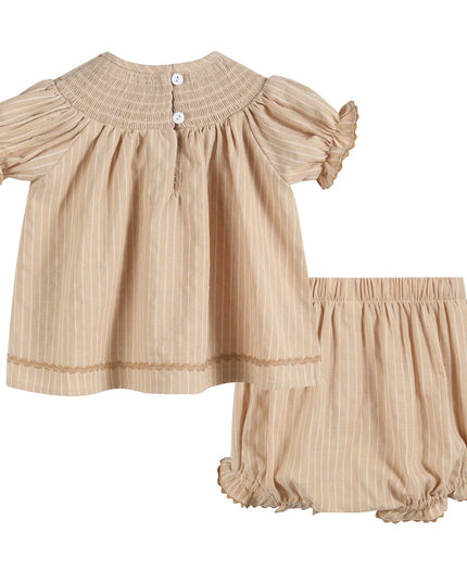 Light Brown Pinstripe Pumpkin Smocked Dress & Bloomer