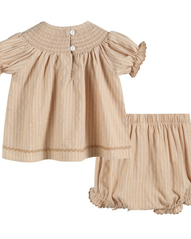 Light Brown Pinstripe Pumpkin Smocked Dress & Bloomer