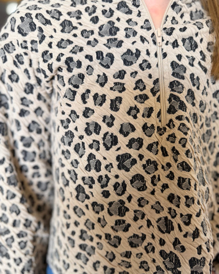 Textured Leopard Print Mock Neck Zip Up | Taupe