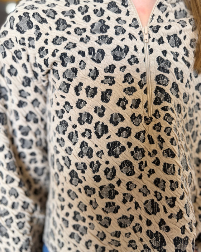 Textured Leopard Print Mock Neck Zip Up | Taupe