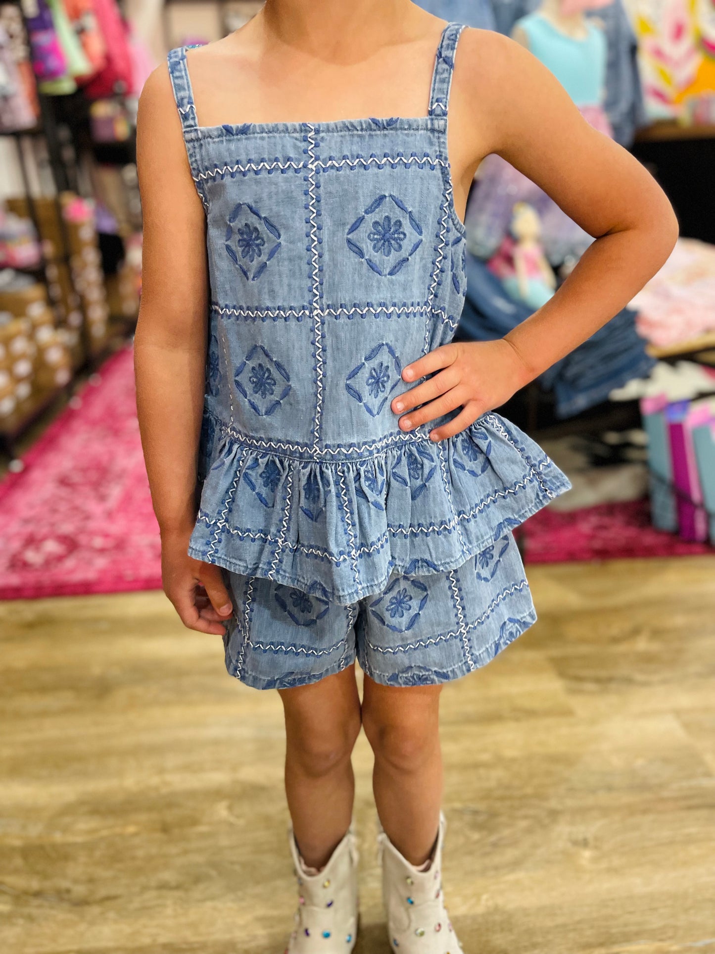Clara Patterned Embroidered Tank & Shorts Set | Denim