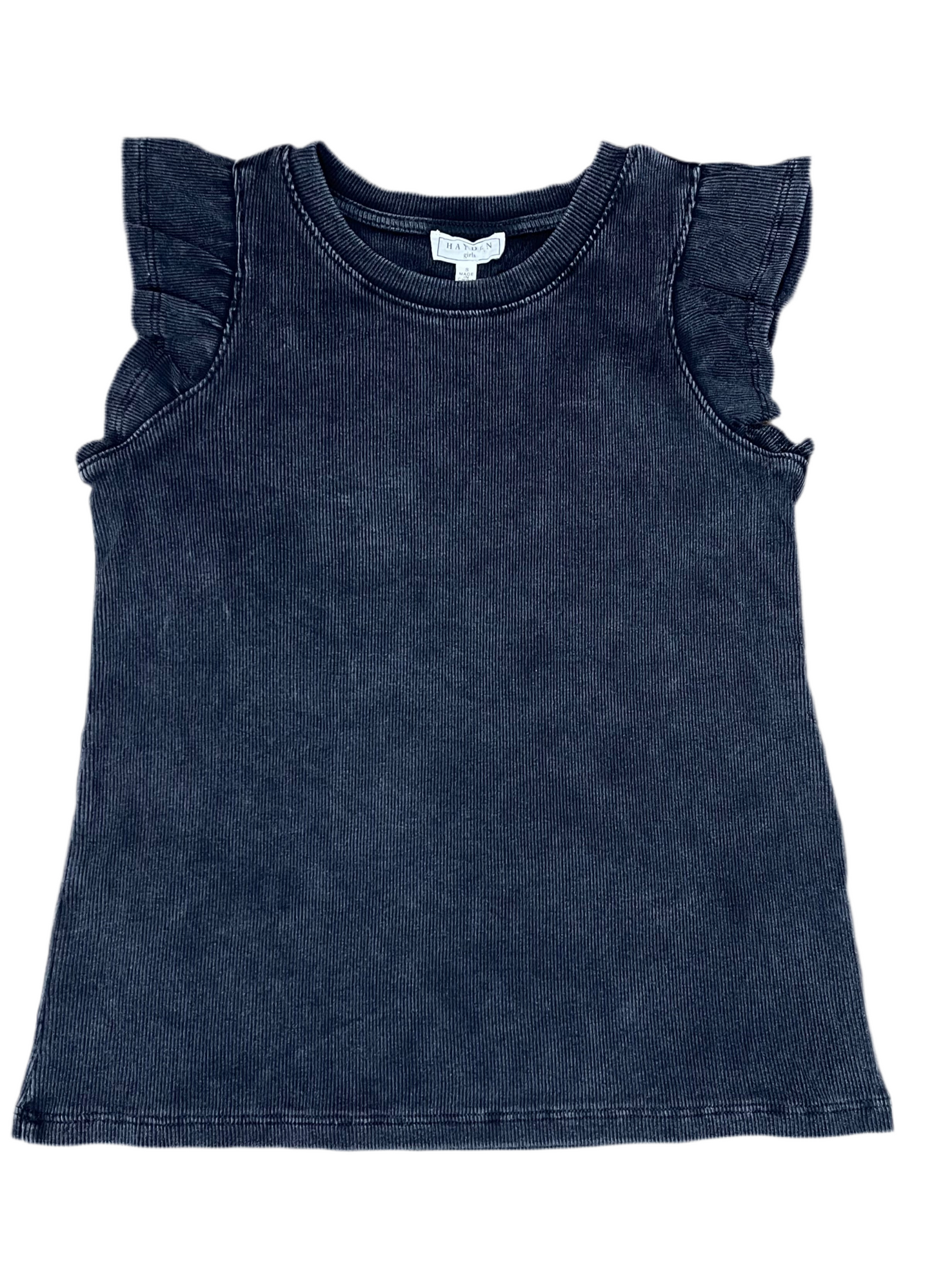 Washed Ribbed Flutter Sleeve Top | Black