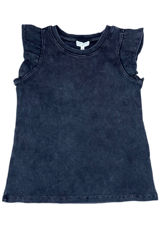 Washed Ribbed Flutter Sleeve Top | Black