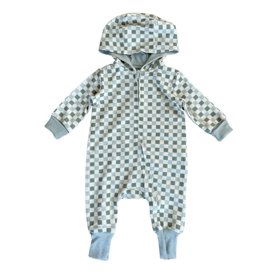 Terry Zip Hooded Romper | Fern Checkers