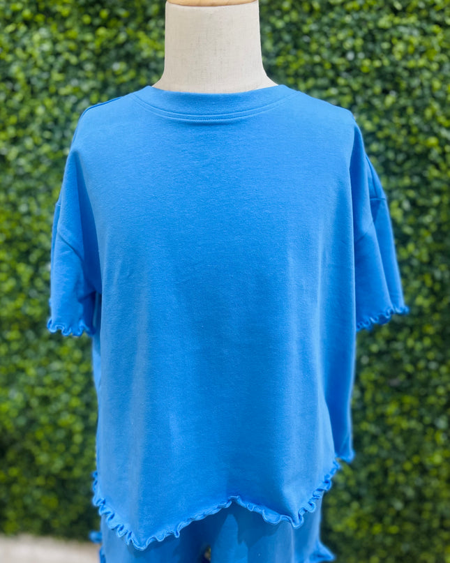 Lettuce Hem Oversized Cropped Tee | Blue