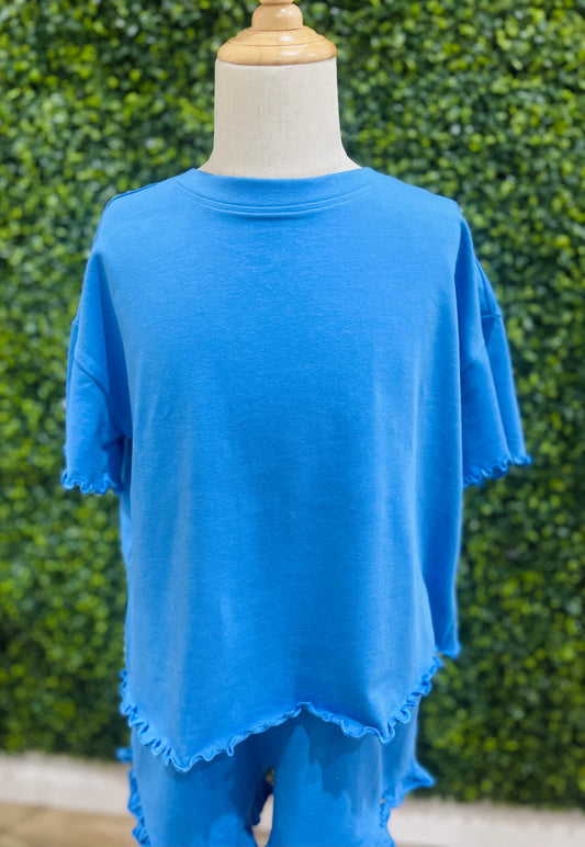 Lettuce Hem Oversized Cropped Tee | Blue