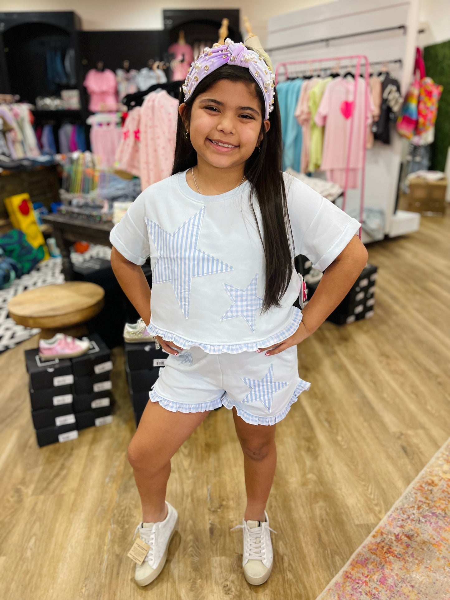 Star Applique Shorts w/ Ruffle Hem | Light Blue