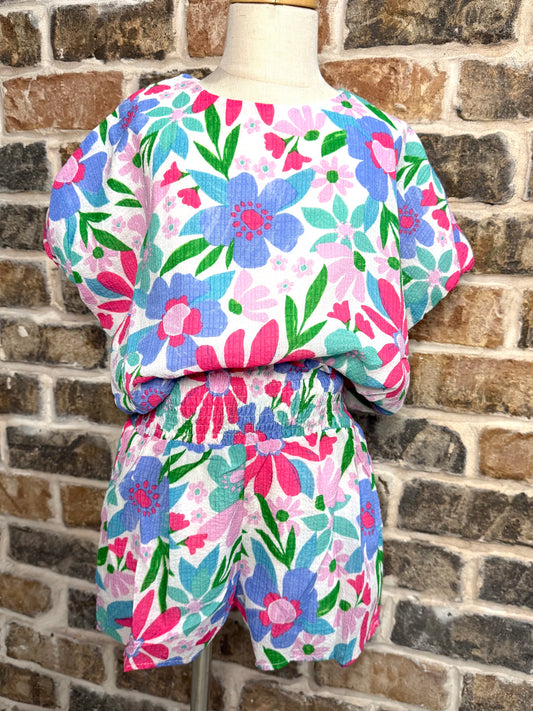 Floral Puff Sleeve Dolman Top + Smocked Shorts Set
