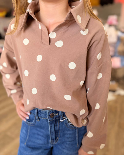Polka Dot Knit Collared LS | Taupe