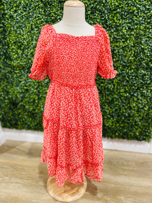 Ditsy Floral Square Neck Smocked Puff Sleeve Dress | Red