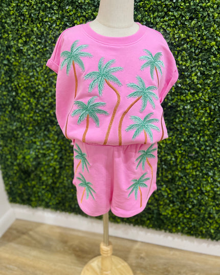 Embroidered Palm Shorts Set | Pink