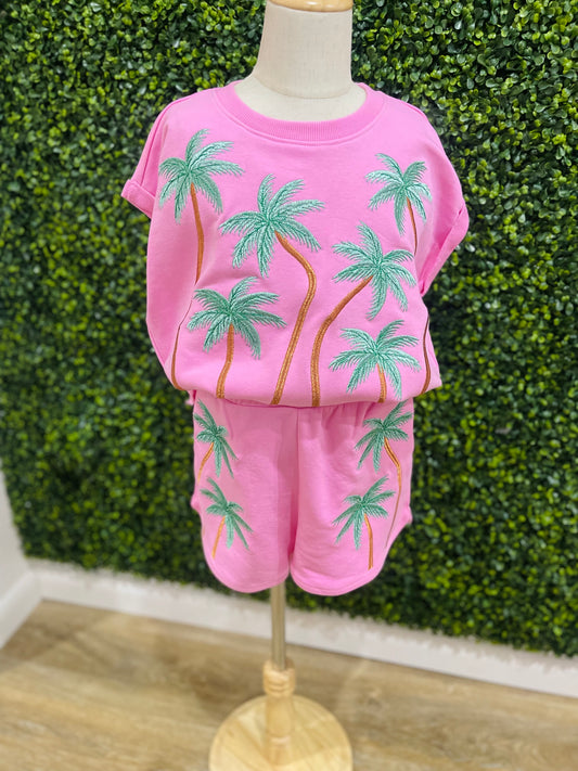 Embroidered Palm Shorts Set | Pink