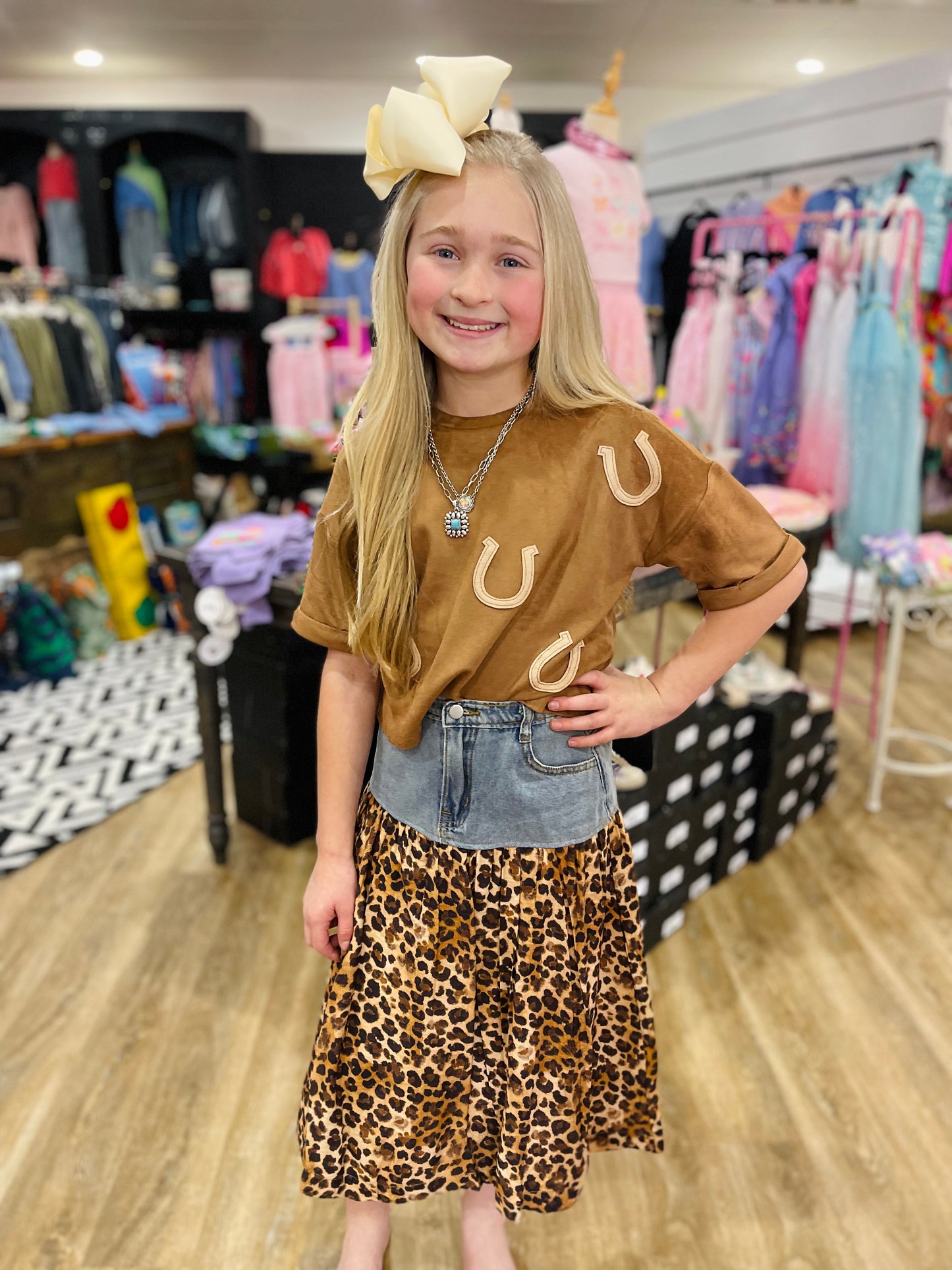 Mix Media Leopard Print Denim Skirt