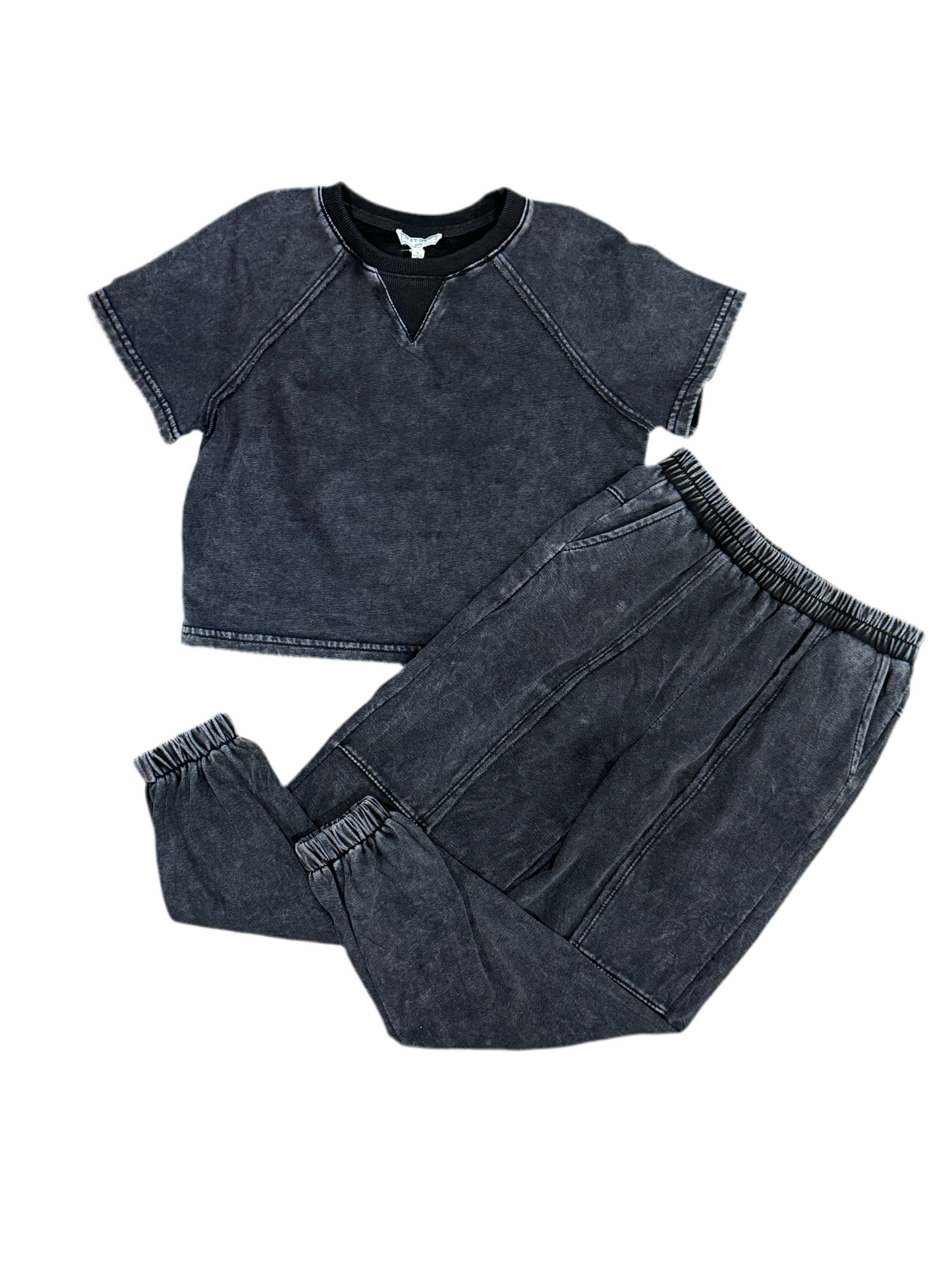 Washed Knit Sweatshirt + Paneled Joggers Set | Black