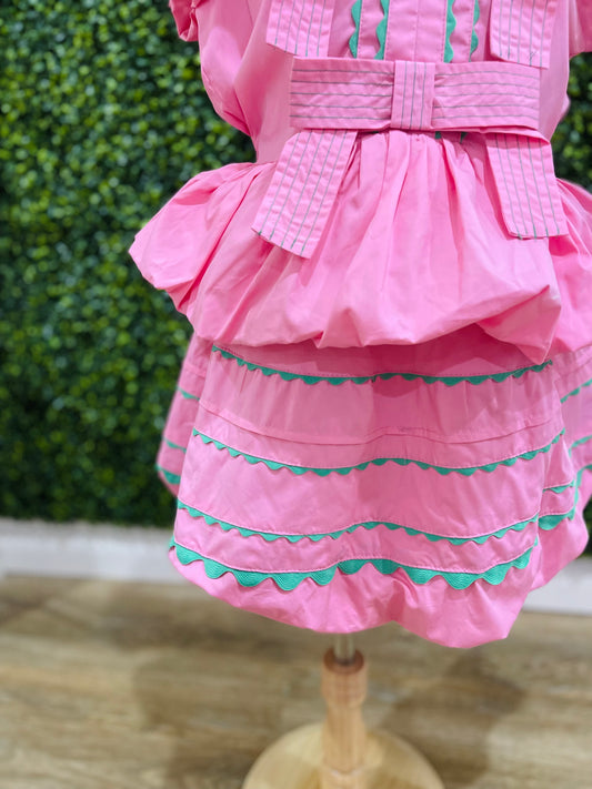 Cotton Poplin Ric Rac Bubble Skirt | Pink & Green