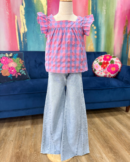 Side Paneled Seam Wide Leg Fray Hem | Light Indigo