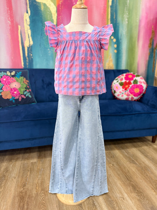 Side Paneled Seam Wide Leg Fray Hem | Light Indigo