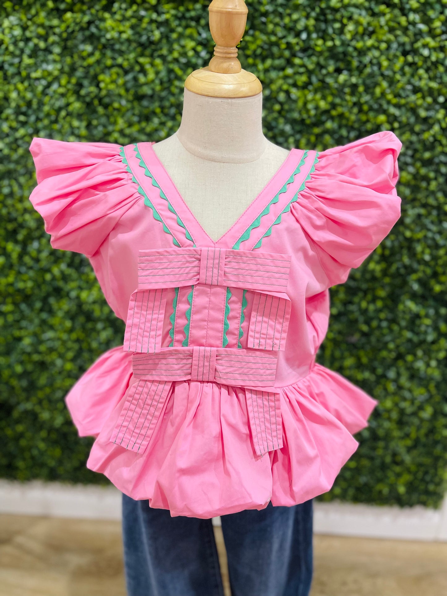 Cotton Poplin Ric Rac Bubble Hem Top | Pink & Green