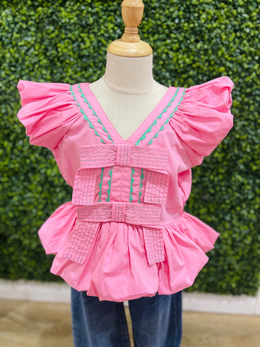 Cotton Poplin Ric Rac Bubble Hem Top | Pink & Green