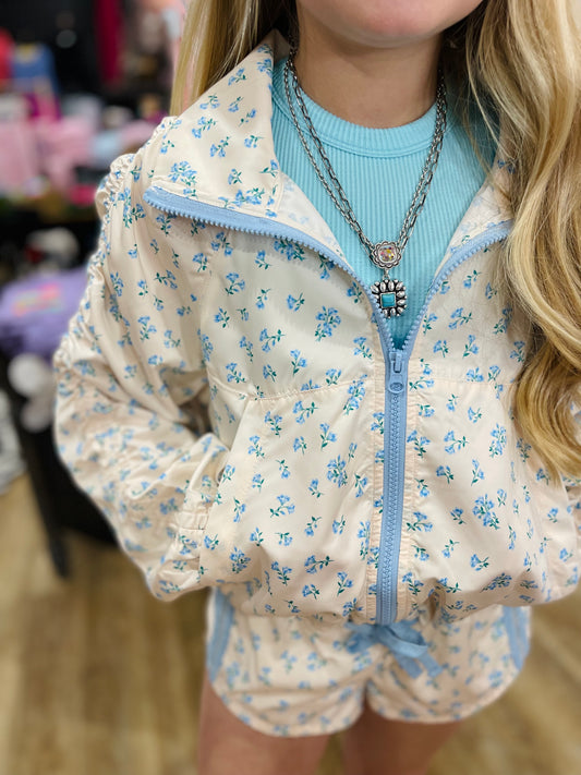 Blue Bloom Ruffle Windbreaker Jacket