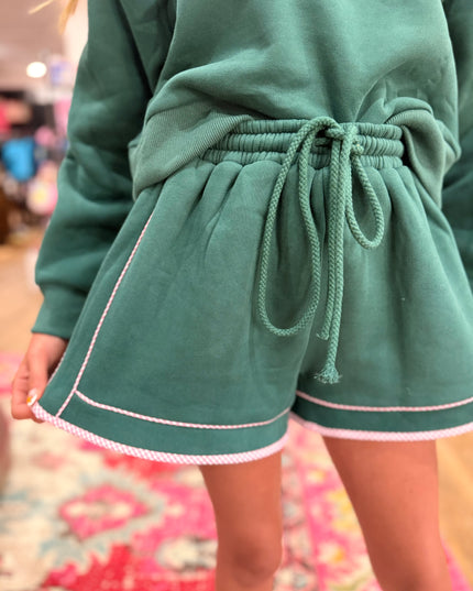 Gingham Piping Detailed French Terry Shorts | Green/Pink