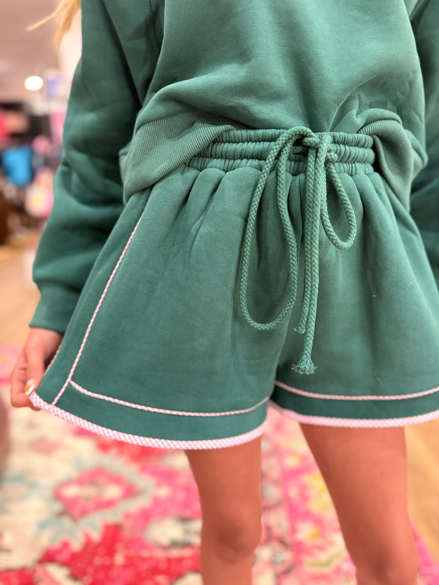 Gingham Piping Detailed French Terry Shorts | Green/Pink