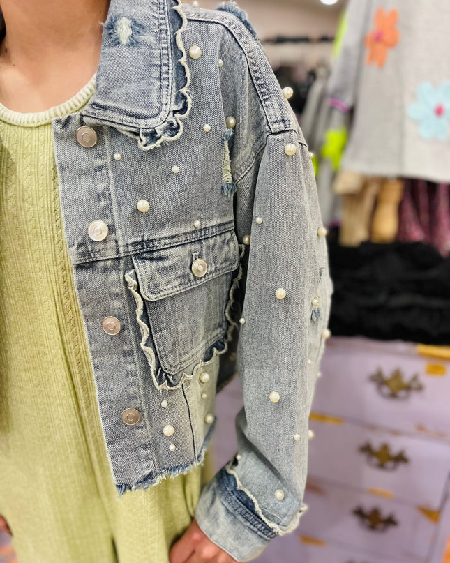 Light Wash Denim Jacket With Pearls