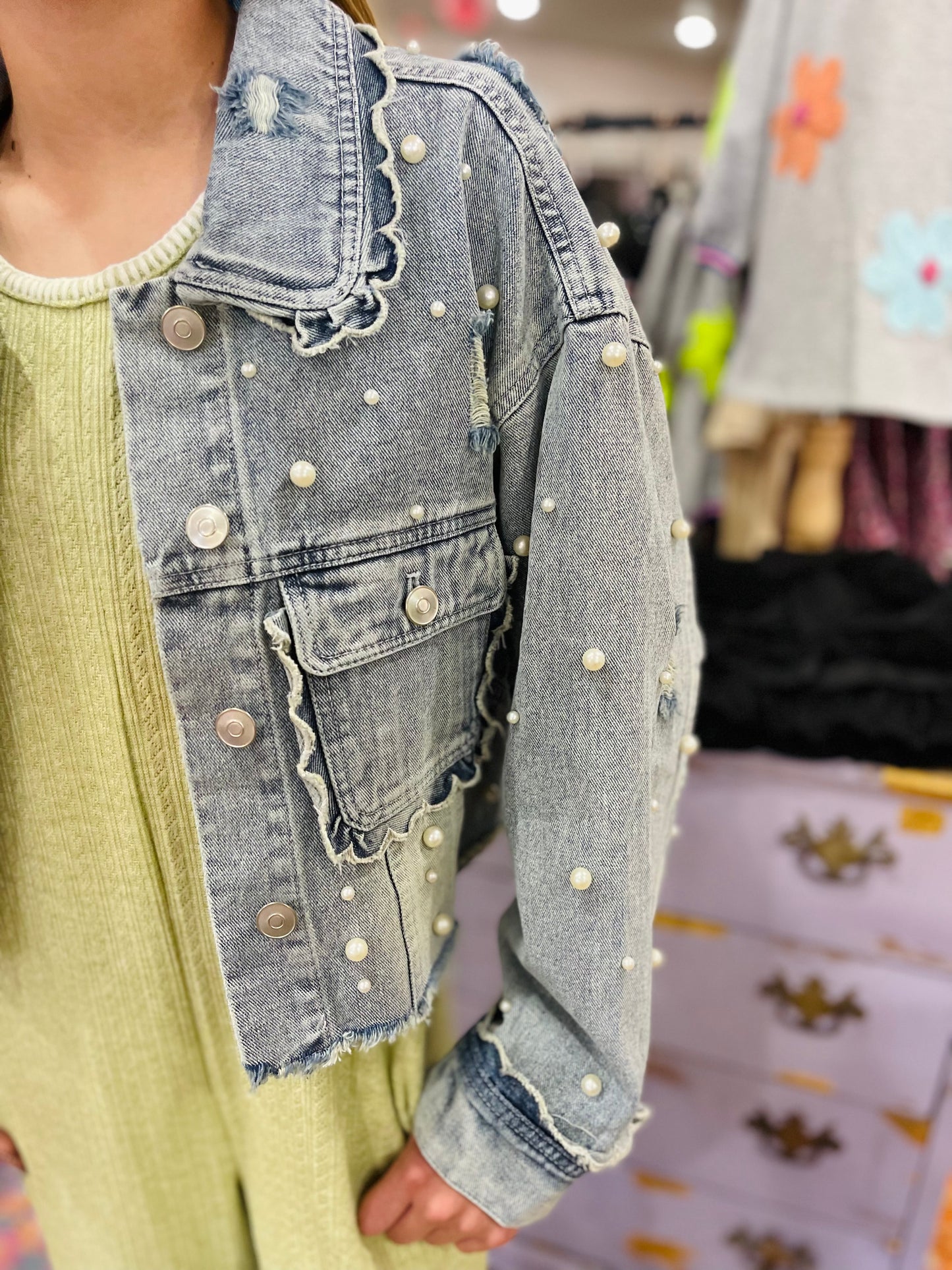 Light Wash Denim Jacket With Pearls