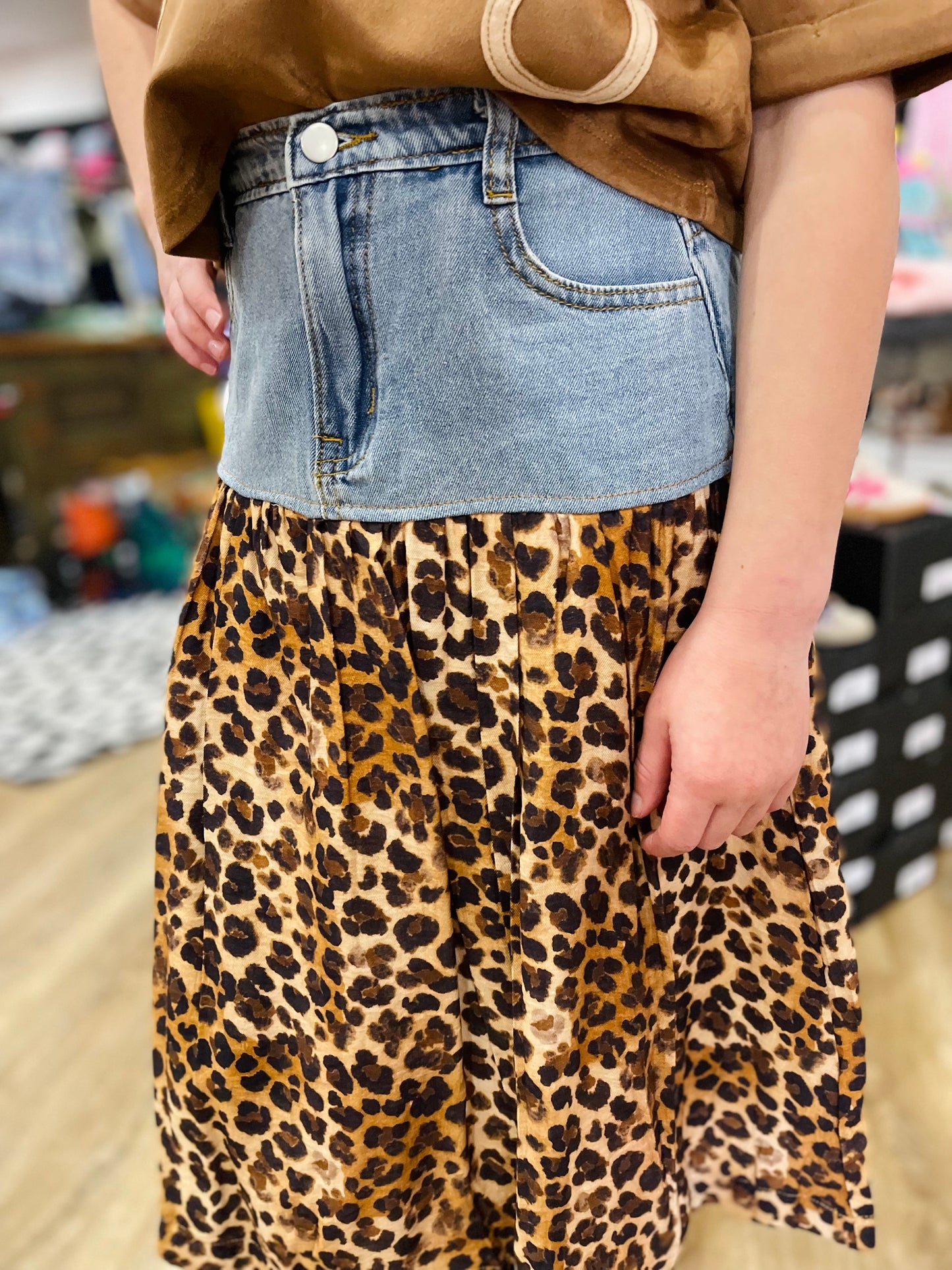 Mix Media Leopard Print Denim Skirt