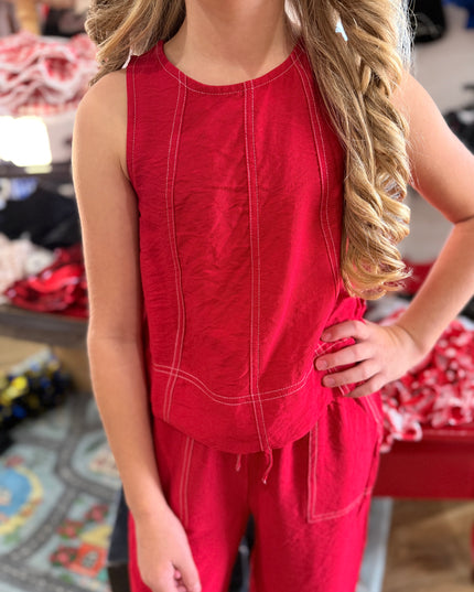 Contrast Stitch Detailed Loose Tank Top | Red