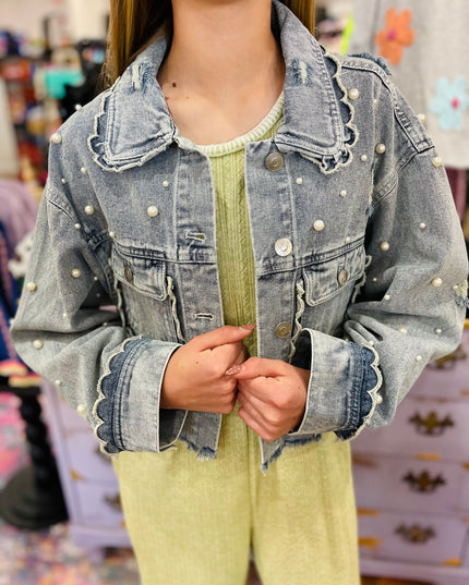 Light Wash Denim Jacket With Pearls